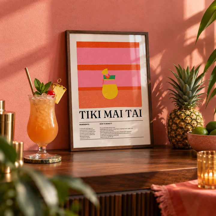 Bar Wall Art, a small A4 framed print leaning on a dark wood bar shelf in a living room