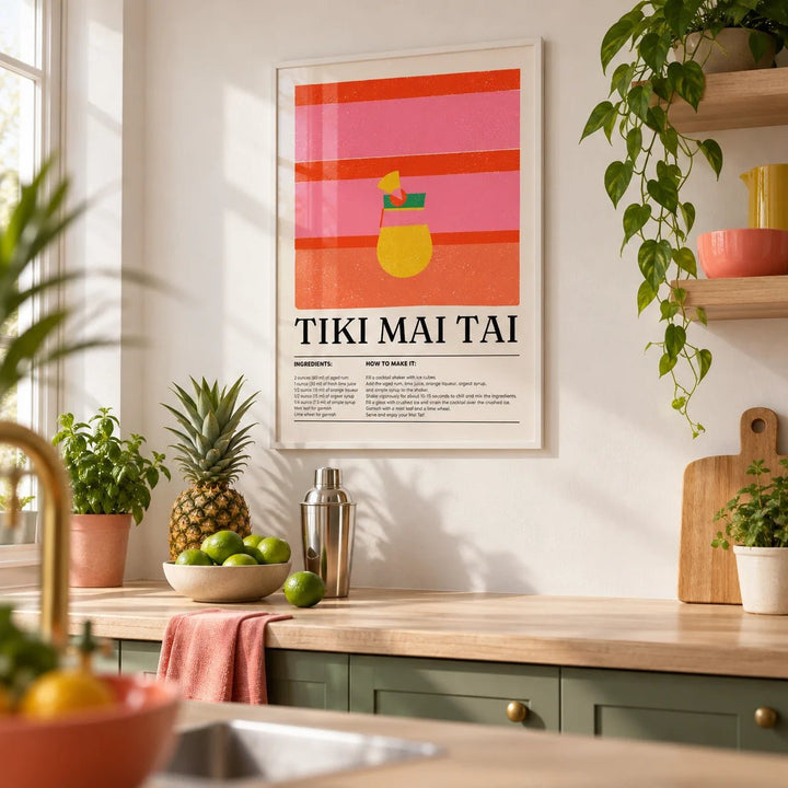 Bar Wall Art, framed on the wall of a warm kitchen with a white wall and plain green painted cabinets