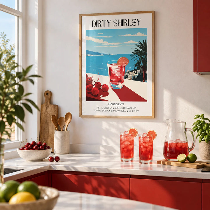 Bar Wall Pictures, framed on the wall of a bright modern kitchen with plain cherry red cabinets and a white worktop