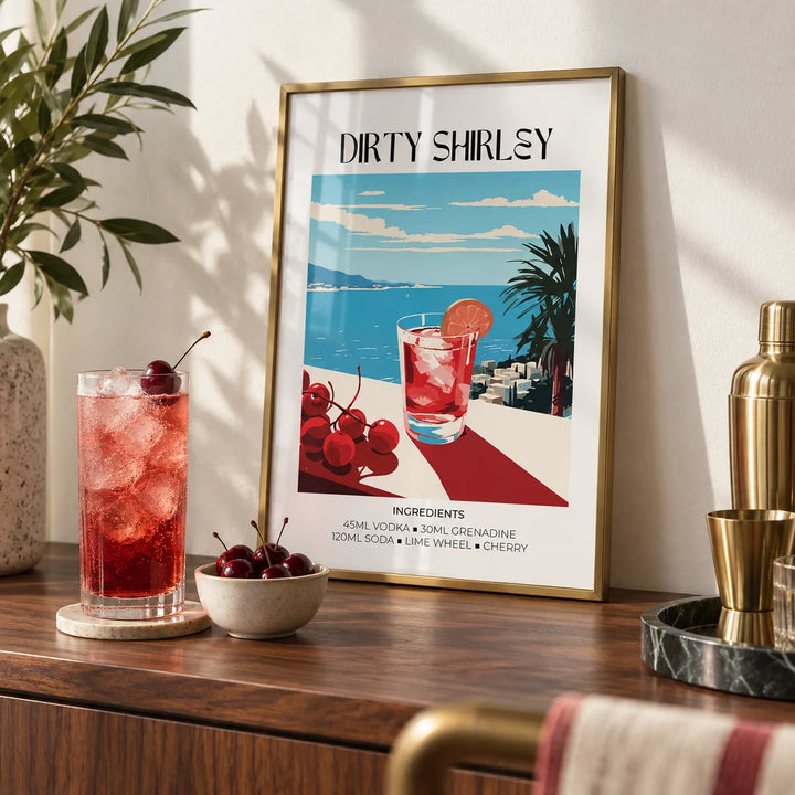 Bar Wall Pictures, a small A4 framed print leaning on a walnut bar shelf in a living room