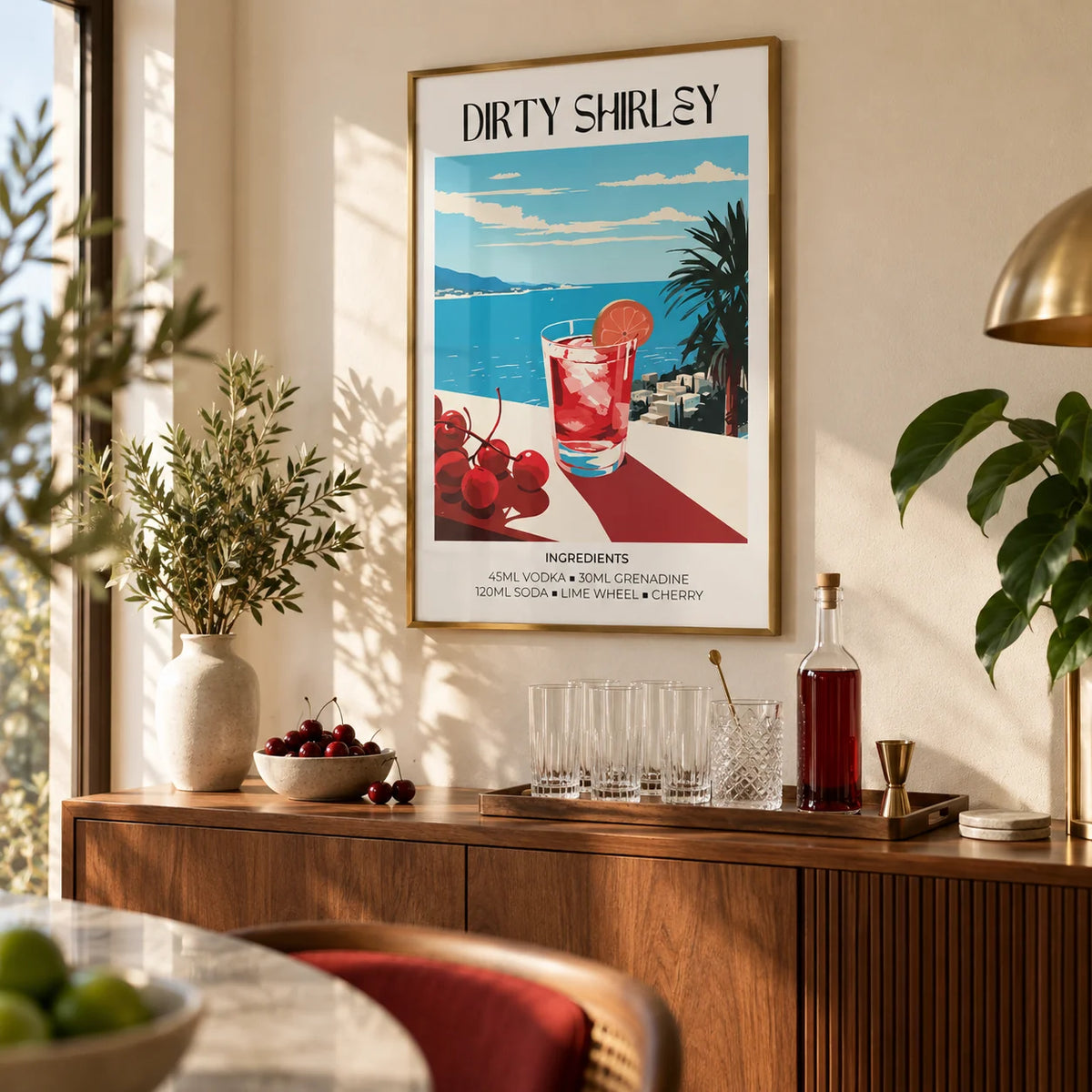 Bar Wall Pictures, framed on the wall of a stylish home bar corner with a warm cream wall in a living room