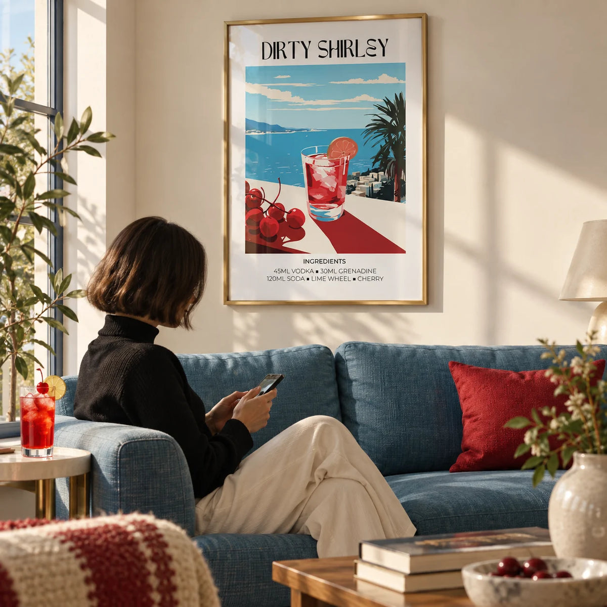 Bar Wall Pictures, framed on the wall of a sunny modern living room with a cream wall