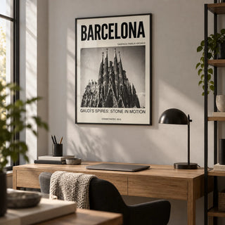 Barcelona Architecture Poster, framed on the wall of a design-led home office with a pale grey wall