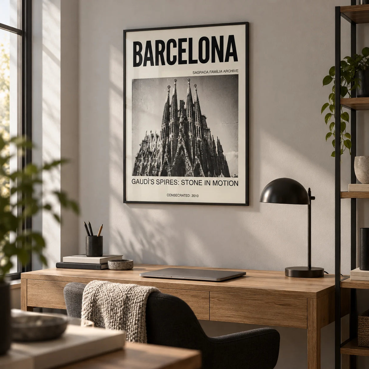 Barcelona Architecture Poster, framed on the wall of a design-led home office with a pale grey wall