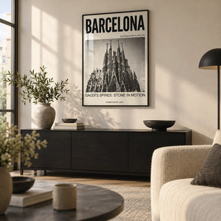 Barcelona Architecture Poster, framed on the wall of a modern city-flat living room with a warm white wall