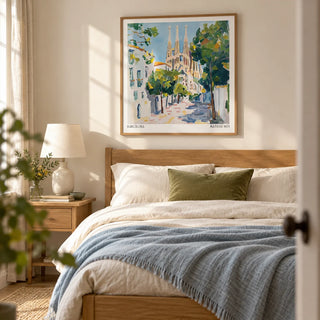 Barcelona Boulevard Poster, framed on the wall of a calm bedroom in a UK first home for a couple aged 28-40 with warm white walls