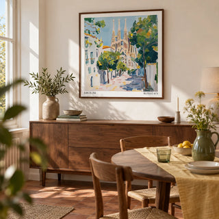 Barcelona Boulevard Poster, framed on the wall of a sunlit dining room in a characterful UK flat with warm white walls and terracotta floor tiles without pattern