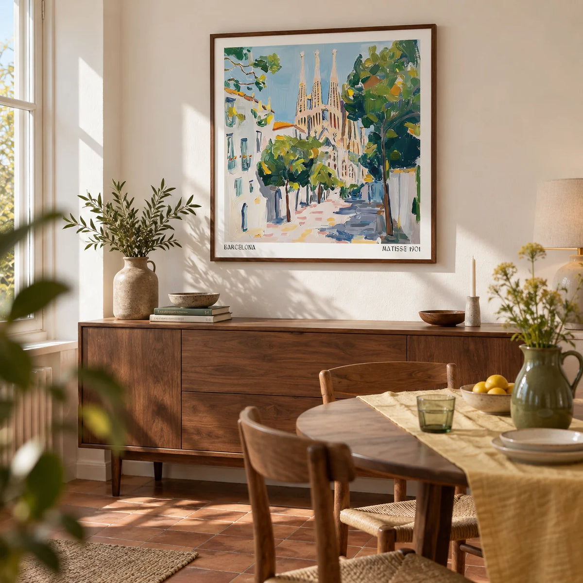 Barcelona Boulevard Poster, framed on the wall of a sunlit dining room in a characterful UK flat with warm white walls and terracotta floor tiles without pattern