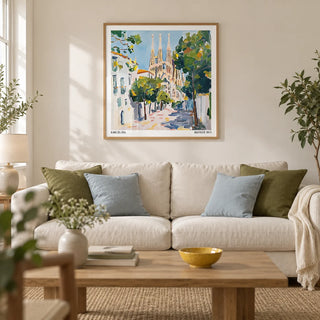 Barcelona Boulevard Poster, framed on the wall of a warm contemporary living room in a UK terraced house with cream plaster walls and an oak floor