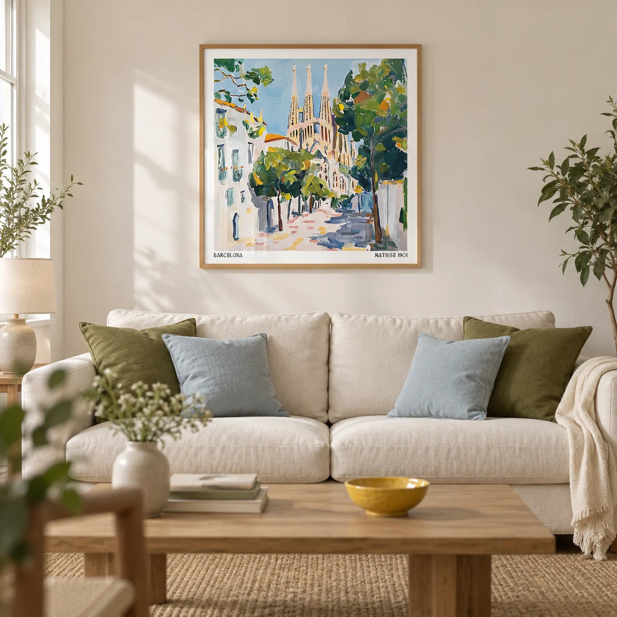 Barcelona Boulevard Poster, framed on the wall of a warm contemporary living room in a UK terraced house with cream plaster walls and an oak floor
