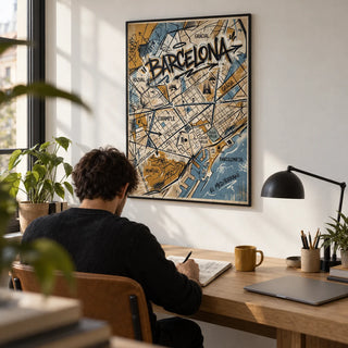 Barcelona City Map Art, framed on the wall of a creative home office with a white wall