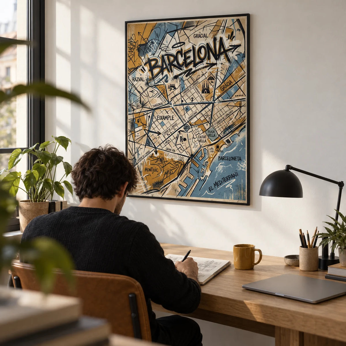 Barcelona City Map Art, framed on the wall of a creative home office with a white wall
