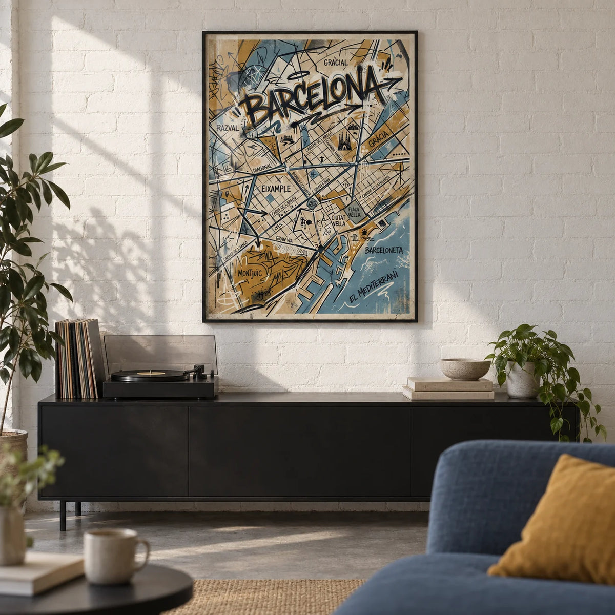 Barcelona City Map Art, framed on the wall of a first-flat living room (22-30) with a white brick wall and a concrete floor