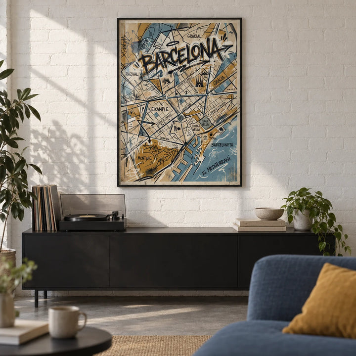 Barcelona City Map Art, framed on the wall of a first-flat living room (22-30) with a white brick wall and a concrete floor