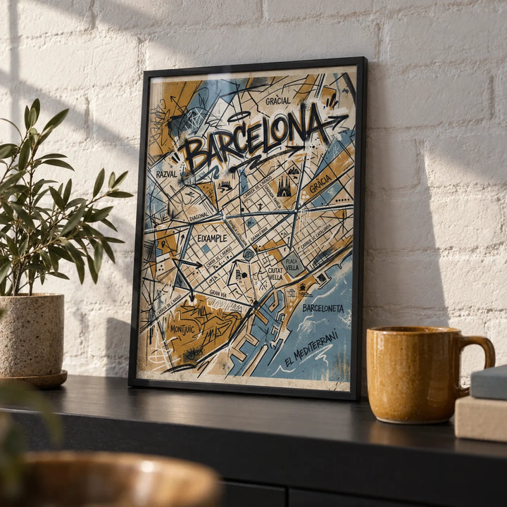 Barcelona City Map Art, a small A4 framed print leaning on a black shelf in a living room