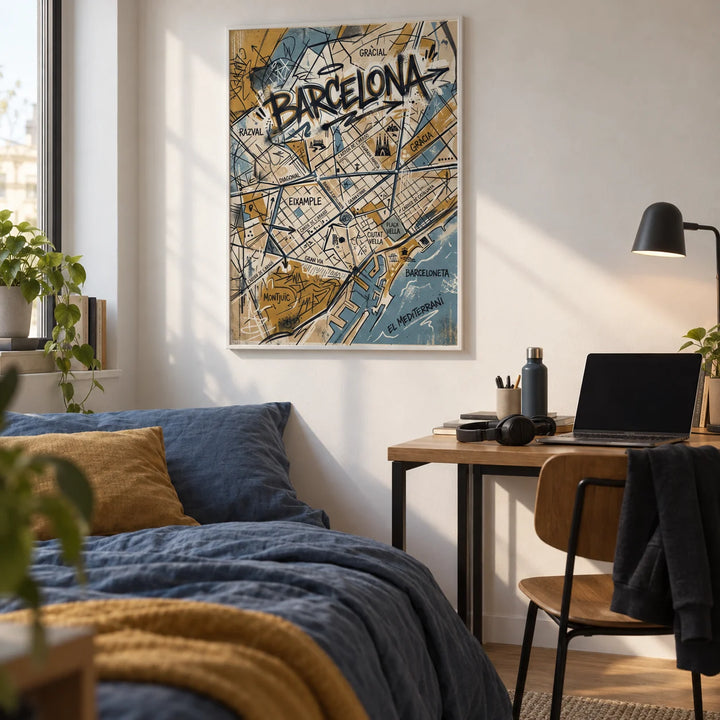 Barcelona City Map Art, framed on the wall of an uni room (18-21) with a white wall in a bedroom