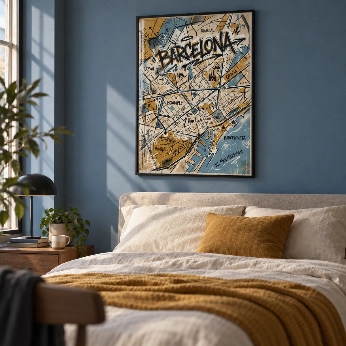 Barcelona City Map Art, framed on the wall of a young adult's bedroom (18-28) with a slate blue painted wall