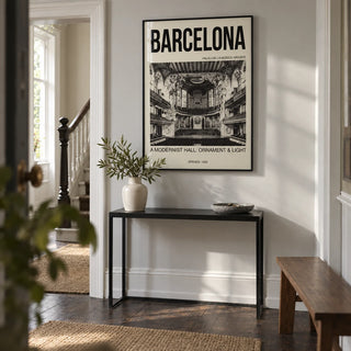Barcelona Concert Hall Poster, framed on the wall of a characterful hallway in a renovated UK Edwardian house with pale grey walls