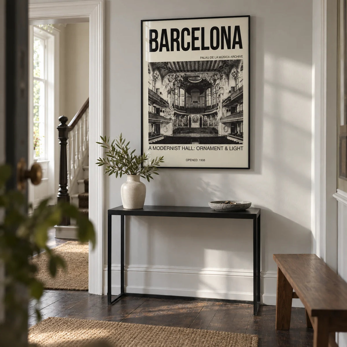 Barcelona Concert Hall Poster, framed on the wall of a characterful hallway in a renovated UK Edwardian house with pale grey walls