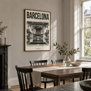 Barcelona Concert Hall Poster, framed on the wall of a contemporary dining room in a UK townhouse with pale grey plaster walls and a tall sash window