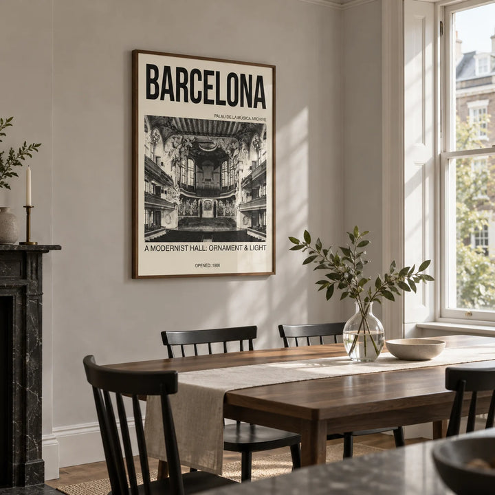 Barcelona Concert Hall Poster, framed on the wall of a contemporary dining room in a UK townhouse with pale grey plaster walls and a tall sash window