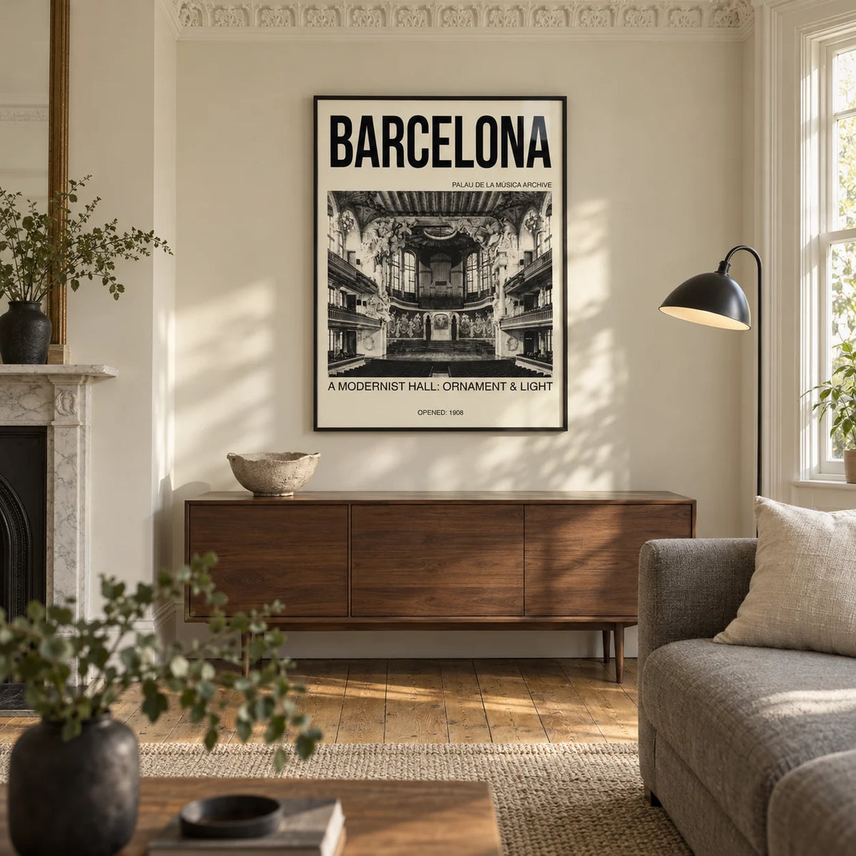Barcelona Concert Hall Poster, framed on the wall of a design-led living room in a UK Victorian terrace with warm ivory walls