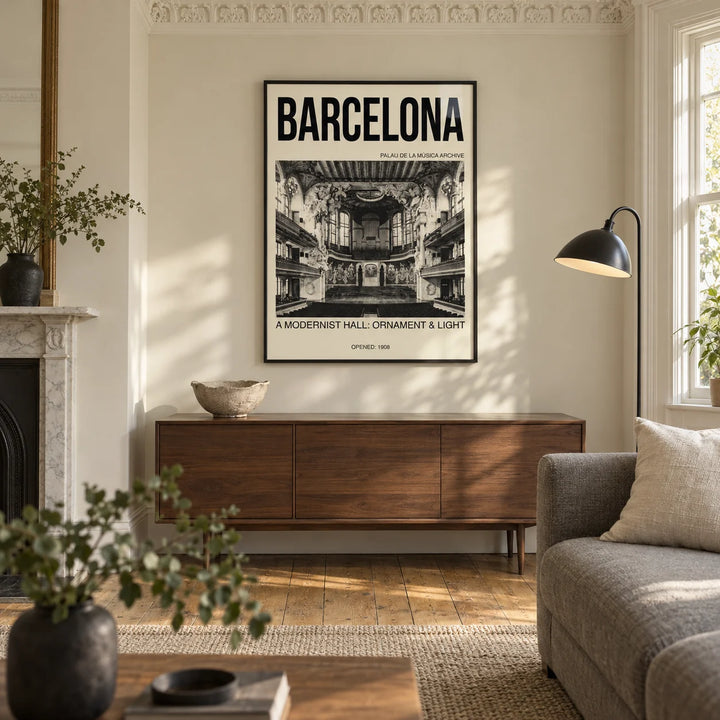 Barcelona Concert Hall Poster, framed on the wall of a design-led living room in a UK Victorian terrace with warm ivory walls