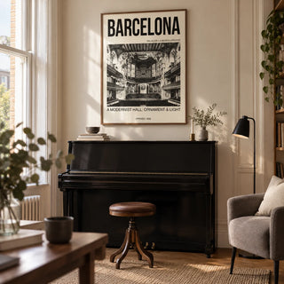Barcelona Concert Hall Poster, framed on the wall of a refined music room in a UK city flat with warm ivory walls and a tall window