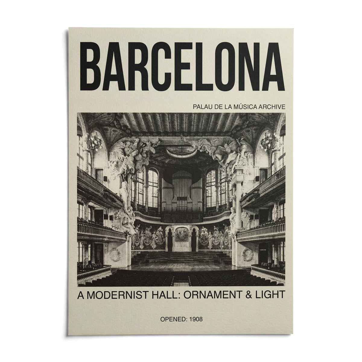 Barcelona Concert Hall Poster, shown as an unframed paper print on a plain white background