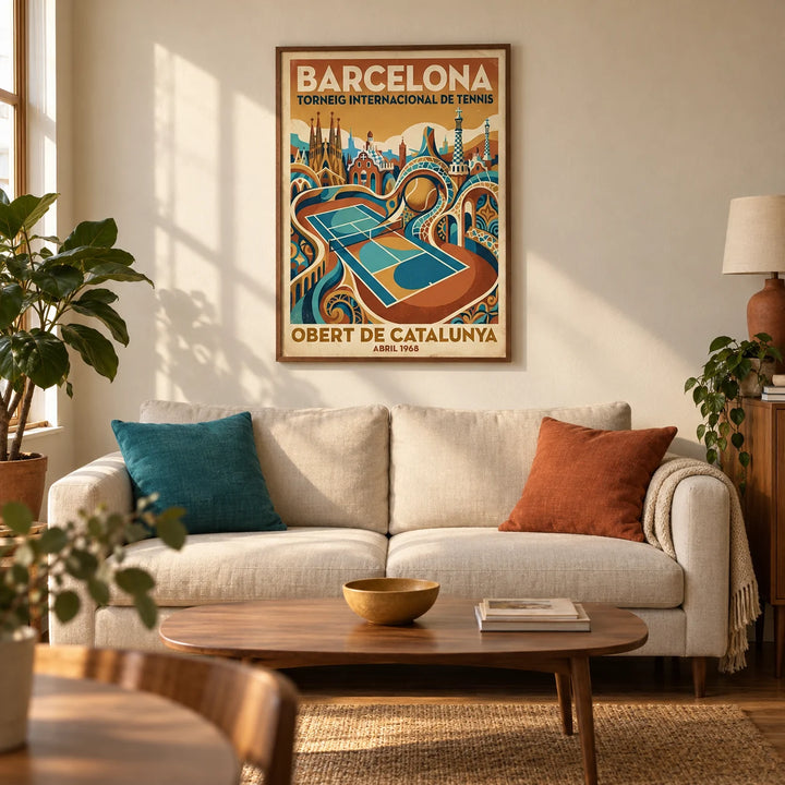 Barcelona Tennis Poster, framed on the wall of a characterful living room in a young adult UK city flat (25-35)