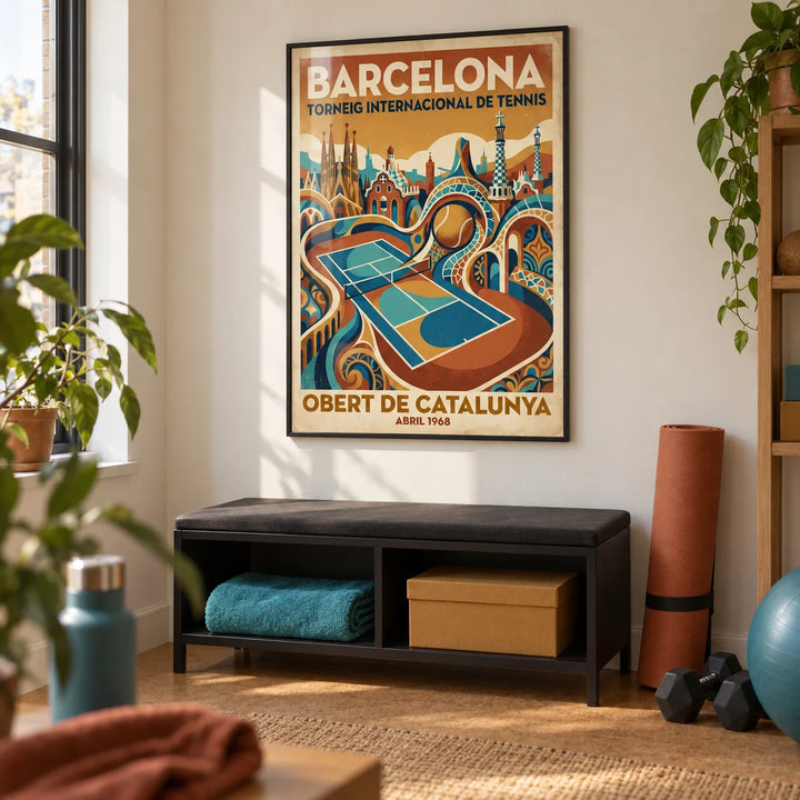 Barcelona Tennis Poster, framed on the wall of a compact home exercise room in a UK flat