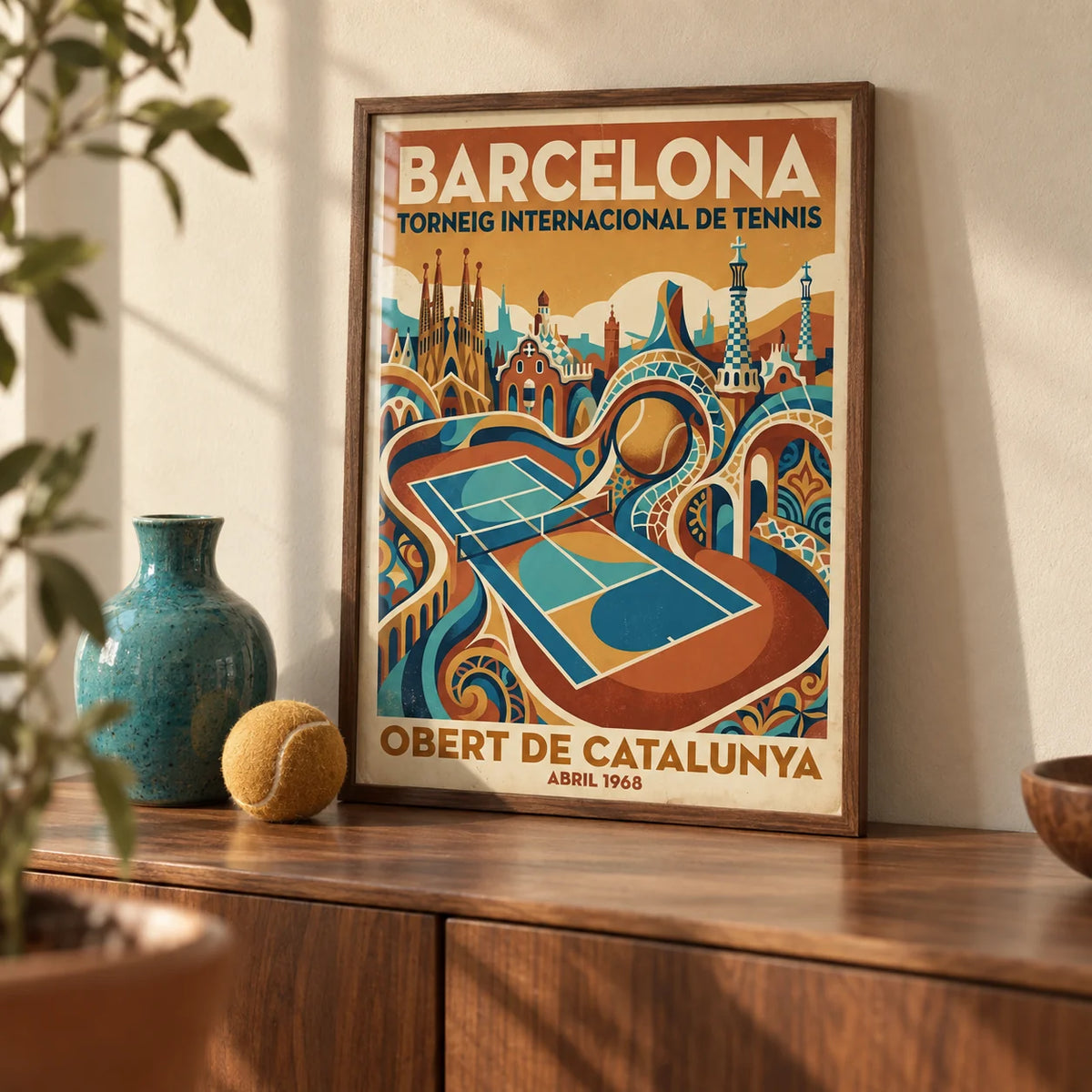 Barcelona Tennis Poster, a small A4 framed print leaning on a walnut sideboard in a living room