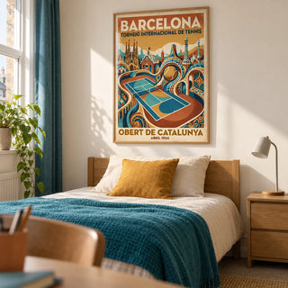 Barcelona Tennis Poster, framed on the wall of a tennis-loving university student's single bedroom (18-21) in a UK shared house