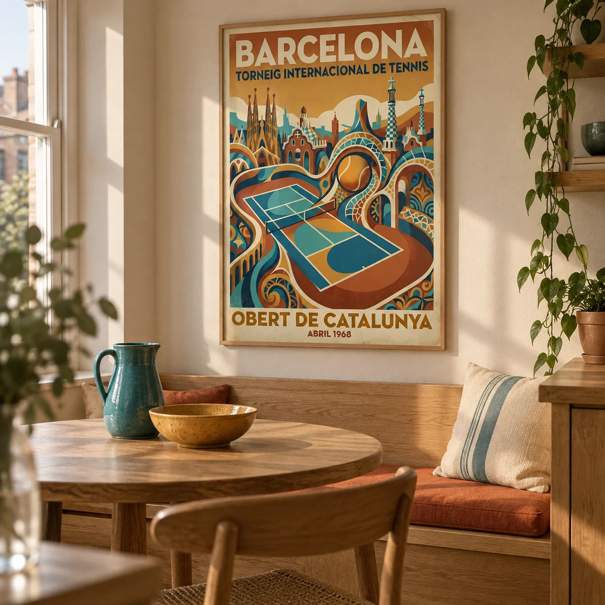 Barcelona Tennis Poster, framed on the wall of a warm modern dining nook in a UK first flat (22-28)
