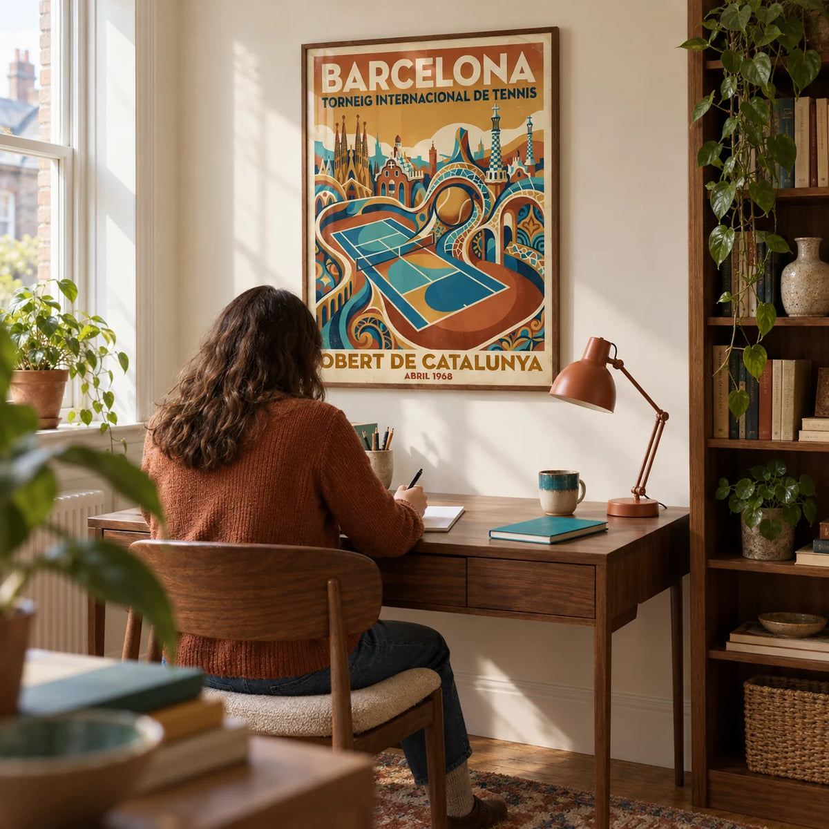Barcelona Tennis Poster, framed on the wall of a warm modern home study in a UK terraced house