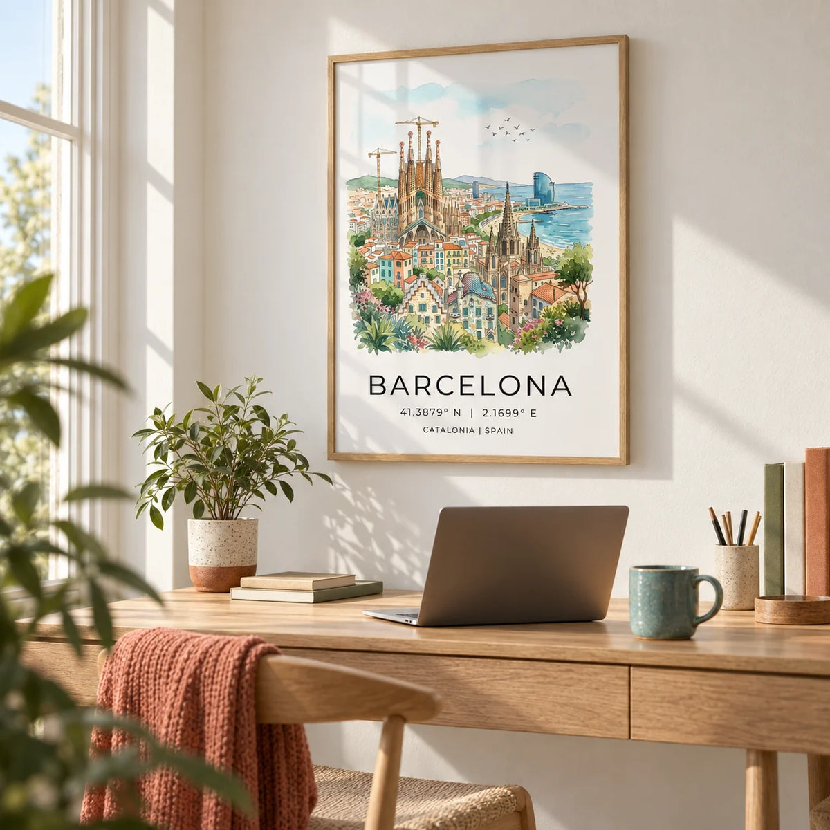 Barcelona Watercolor Poster, framed on the wall of a bright home office with a white wall