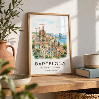Barcelona Watercolor Poster, a small A4 framed print leaning on an oak shelf in a living room