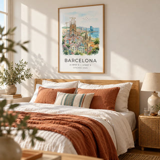 Barcelona Watercolor Poster, framed on the wall of a sunny bedroom with a warm white wall