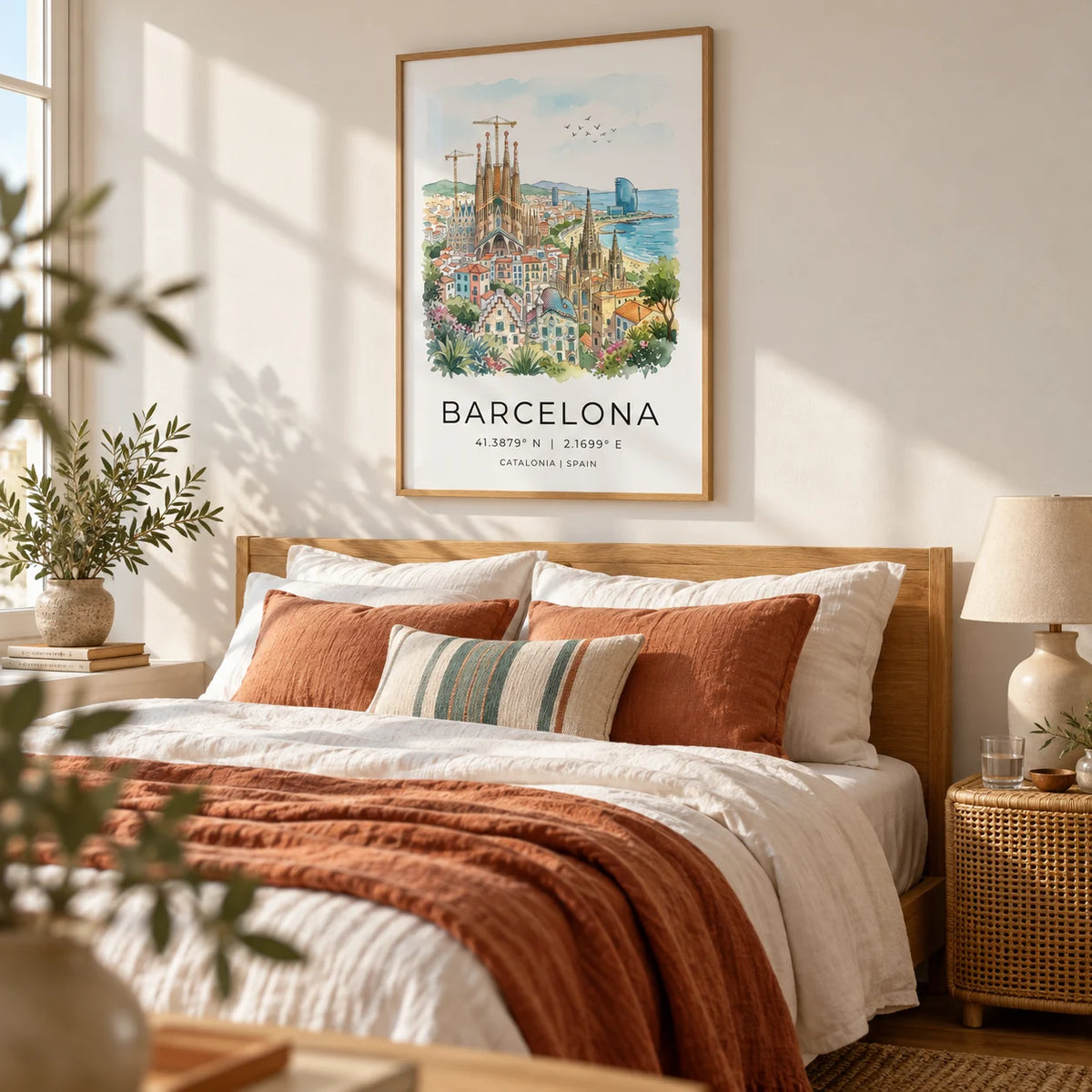 Barcelona Watercolor Poster, framed on the wall of a sunny bedroom with a warm white wall