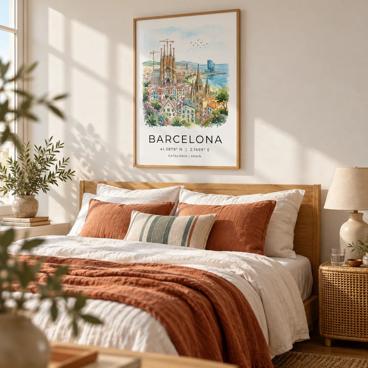 Barcelona Watercolor Poster, framed on the wall of a sunny bedroom with a warm white wall