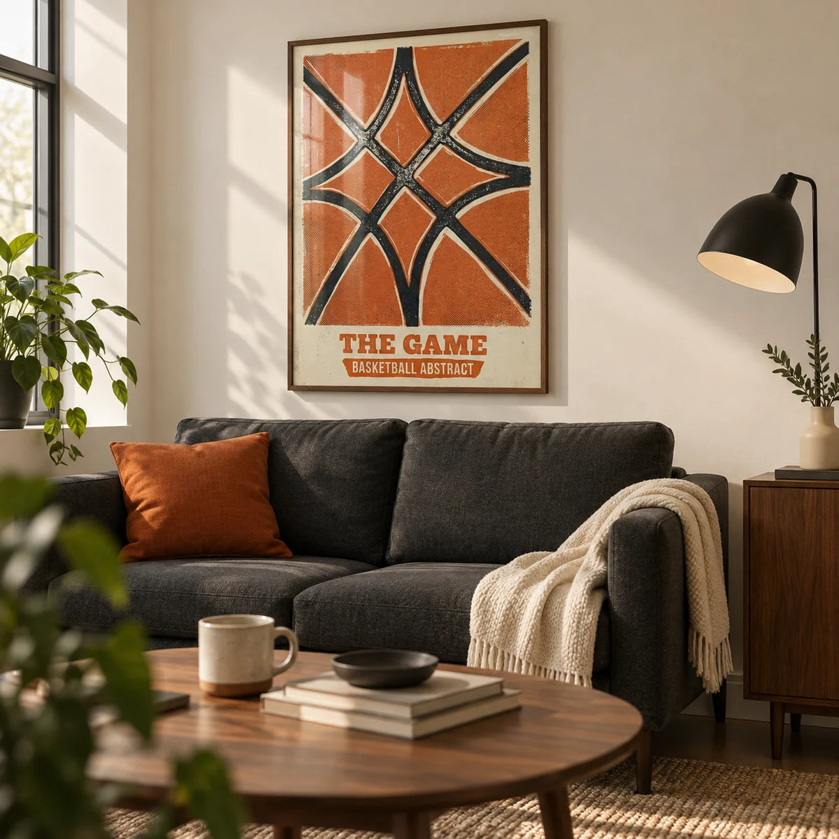 Basketball Abstract Print, framed on the wall of a compact design-led living room in a first UK flat (22-28) with warm white walls and a walnut coffee table