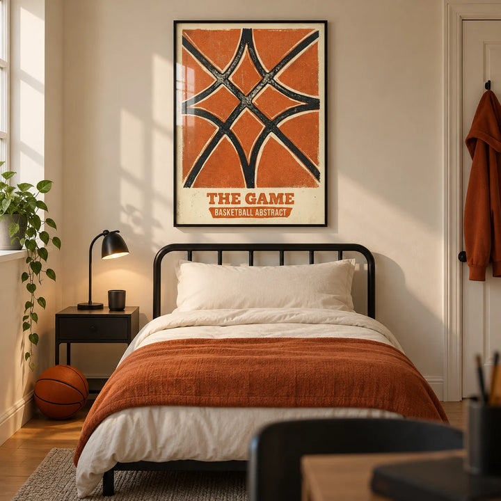 Basketball Abstract Print, framed on the wall of a modern basketball-loving teenager's single bedroom (13-17) in a UK family home with a warm cream wall and oak floor