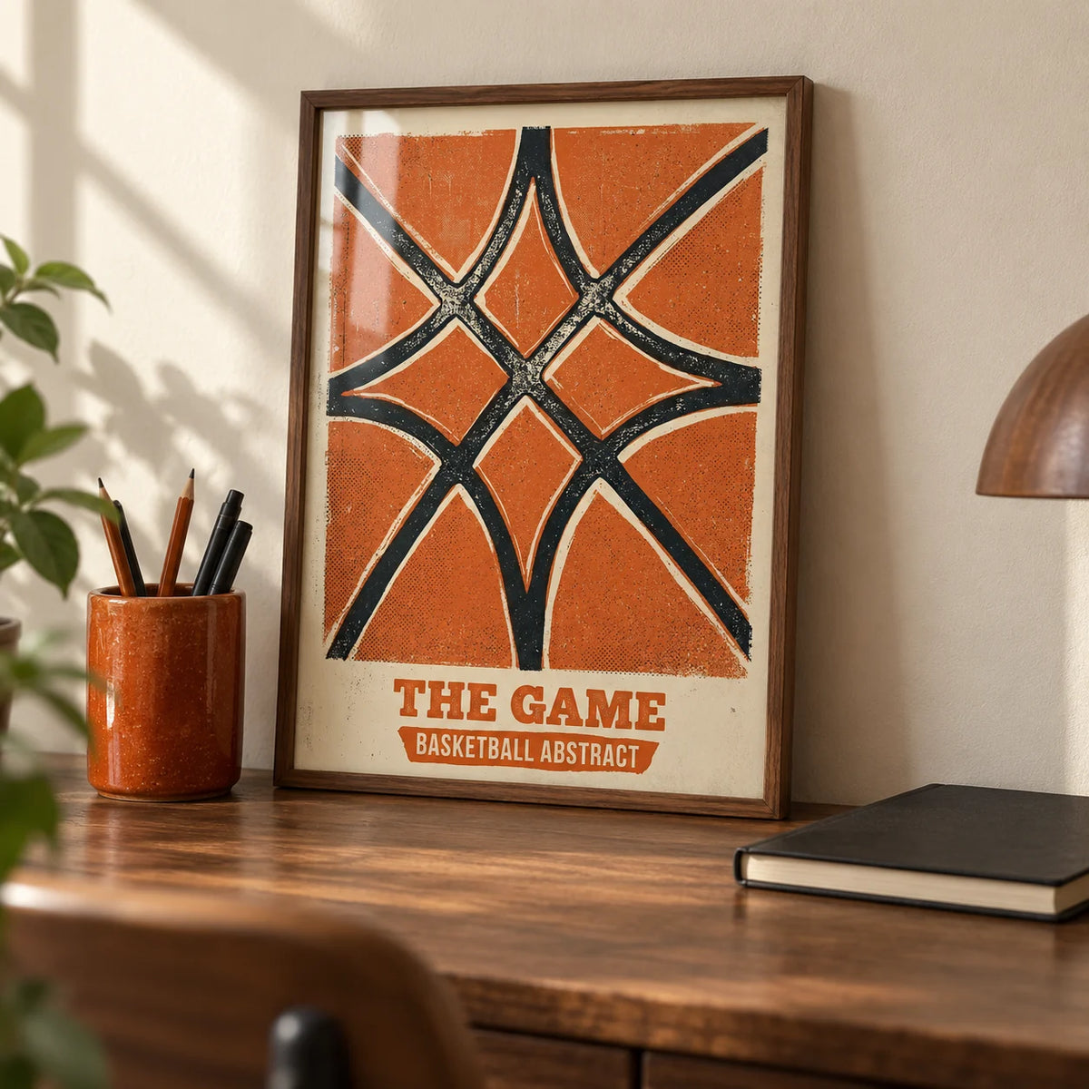 Basketball Abstract Print, a small A4 framed print leaning on a walnut desk