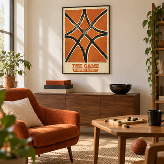 Basketball Abstract Print, framed on the wall of a small basketball fan's games den in a UK home with a warm off-white wall and pale timber floor in a living room
