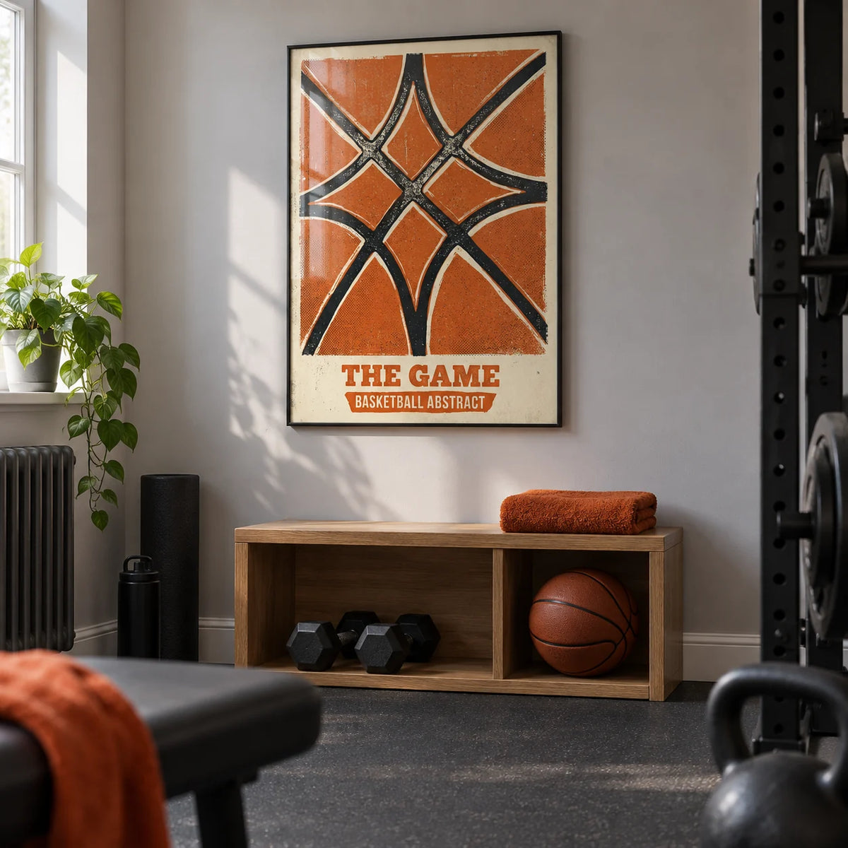 Basketball Abstract Print, framed on the wall of a small converted spare-room home gym in a UK terraced house with a pale grey wall and plain black rubber flooring