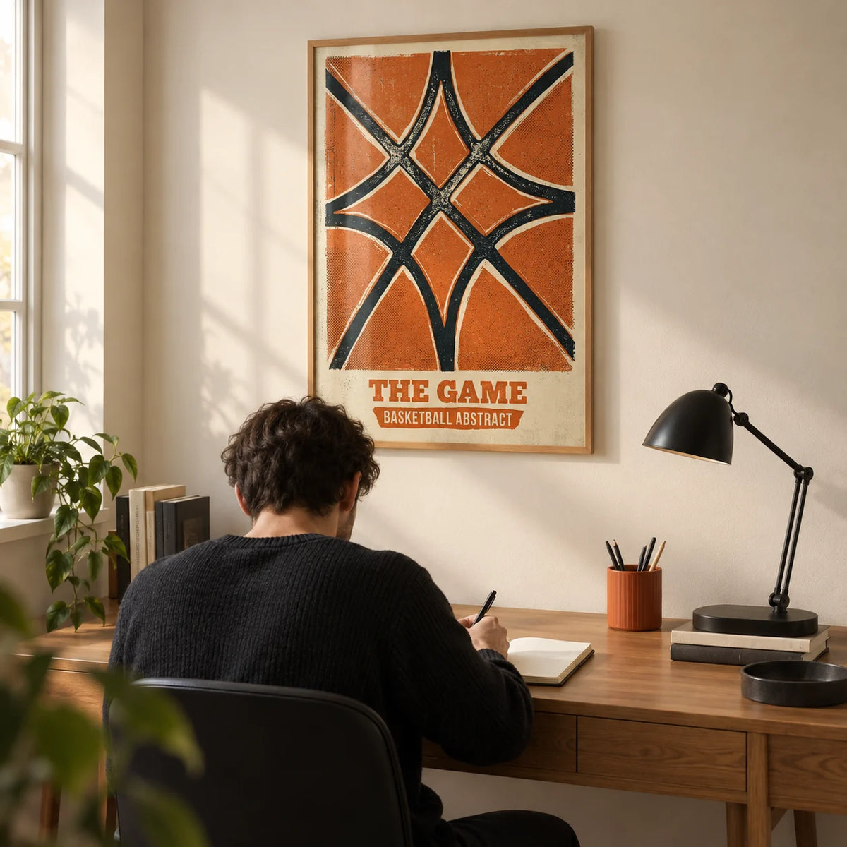 Basketball Abstract Print, framed on the wall of a young adult's compact home study (22-35) with a cream wall and a plain black desk chair