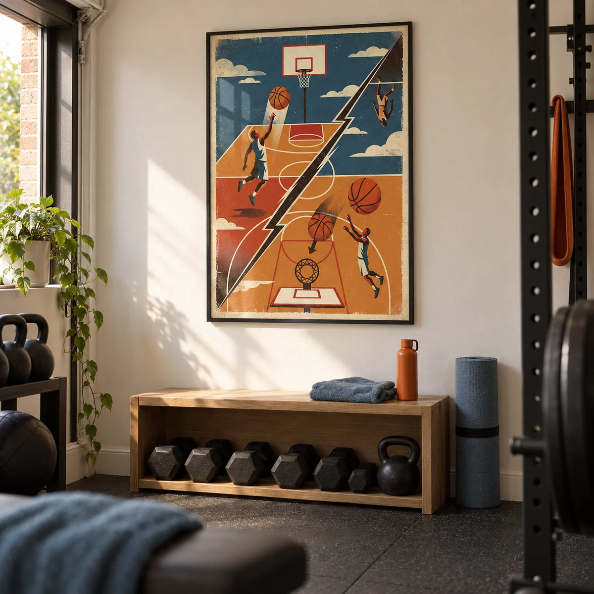 Basketball Art Print, framed on the wall of a compact converted garage home gym in a UK terraced house with warm white walls and plain charcoal rubber flooring