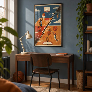 Basketball Art Print, framed on the wall of a compact home study for a basketball fan (22-35) in a UK flat