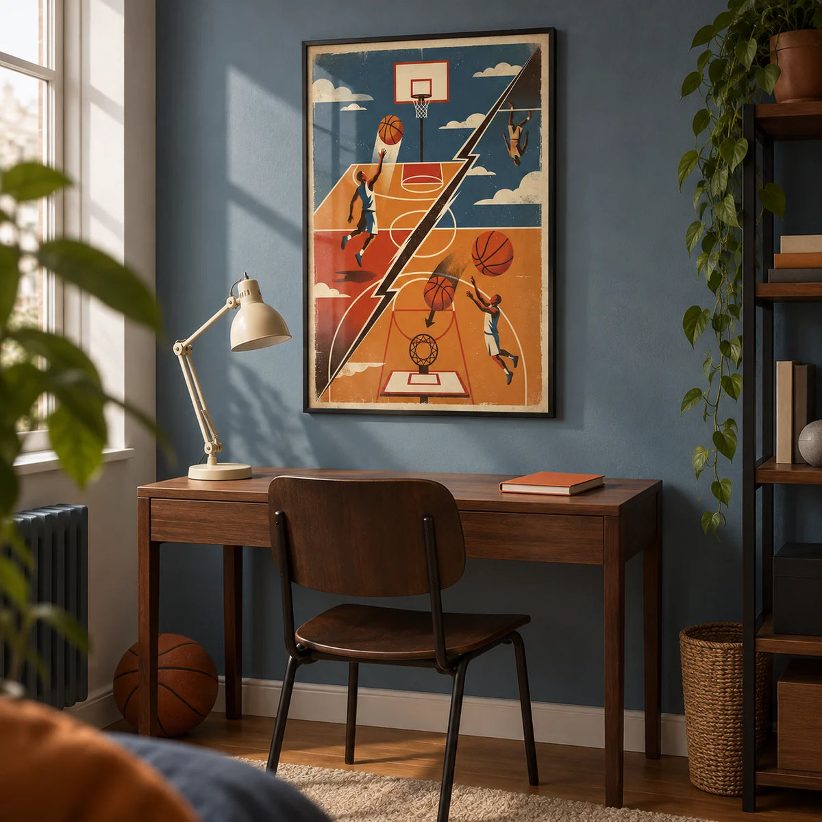 Basketball Art Print, framed on the wall of a compact home study for a basketball fan (22-35) in a UK flat