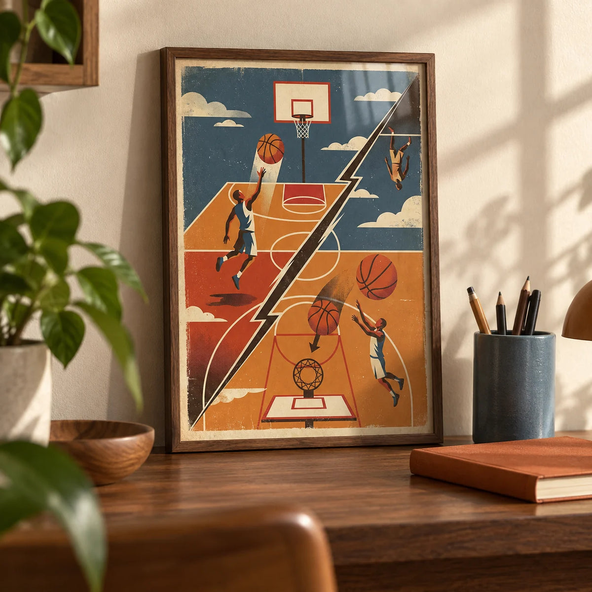 Basketball Art Print, a small A4 framed print leaning on a walnut desk